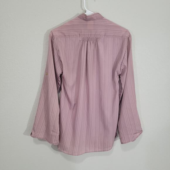 Vintage Blouse First Glance Women Small Pink Pinstripe Roll Up Sleeve 80s Retro - Picture 2 of 11